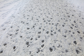 Footprints of people on a snowy road as a background