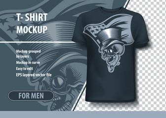 Skull in Cylinder and Pensna against the background of the US flag. T-Shirt template