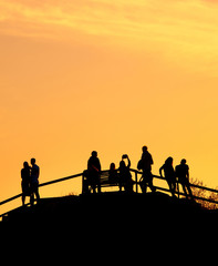 Fototapeta na wymiar Silhouettes group people sunset park