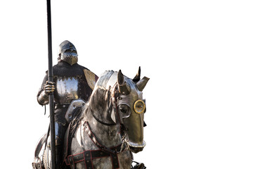 Knight on horseback. Horse in armor with knight holding lance. Horses on the medieval battlefield.