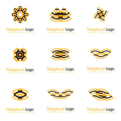 nine black and yellow flower logos with geometric shapes in pack. for the celebration of the religion and architecture of the Middle East. suitable for corporate, business and development interiors