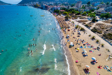 Top view of Tolo beach or "Psili Ammos" is from the most popular tourist resorts of Argolida in Peloponnese, Greece