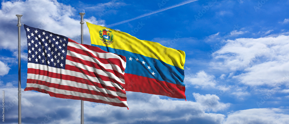 Sticker us of america and venezuelan waving flags on blue sky background. 3d illustration