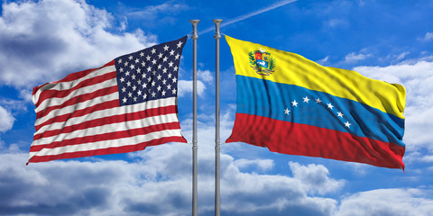 US of America and Venezuelan opposite waving flags on blue sky background. 3d illustration