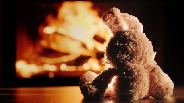 Lonely plush rabbit admires the fire in the fireplace insert