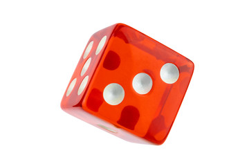 Red glass dice closeup isolated on white without shadow. Five, three.