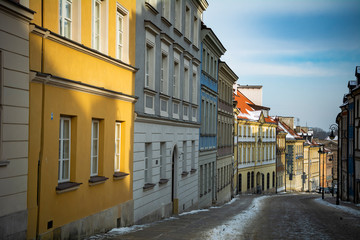 Fototapeta na wymiar Warsaw street in Winter in the capital of Poland