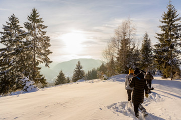 Friends on a mountain hike in the winter holiday