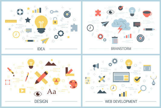 Creativity web banner set. Brainstorm, idea, design