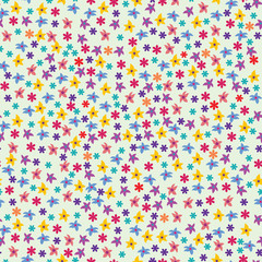 Fototapeta na wymiar Vector of seamless floral pattern with small flowers and colorful stars. Arranged in ditsy style. Design for textile, fabric, wallpaper, wrapping, scrapbook, and packaging.