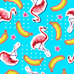 Summer seamless bright pattern with flamingo and banana. Zine Culture style summer background © annbozhko
