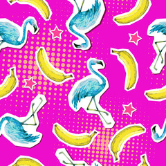 Summer seamless bright pattern with flamingo and banana. Zine Culture style summer background