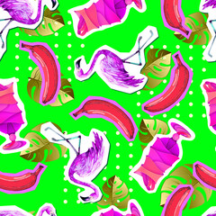 Summer seamless bright pattern with flamingo and cocktail. Zine Culture style summer background