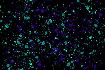 Neon green and purple paint splashes on black background Color splash and drop pattern Abstract texture for web-design, digital printing or concept design.