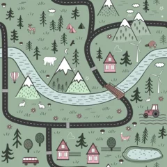 Foto op Canvas Hand drawn vector abstract scandinavian graphic illustration seamless pattern with houses, animals, trees and mountains. Nordic nature landscape concept. © Toltemara