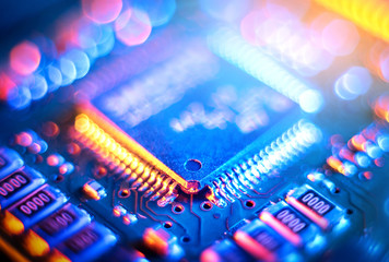 Computer Microchips and Processors on Electronic circuit board. Abstract technology...