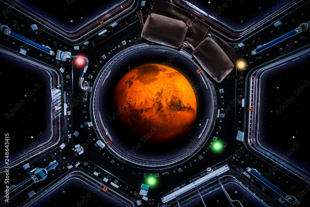 Wall mural travel to mars. planet mars 3d rendering seen through spaceship windows. space exploration and missi