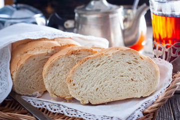 Homemade white bread in a rustic style, sliced, horizontal