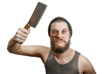 Portrait of the crazy attractive butcher guy holding ax in hand on isolated background