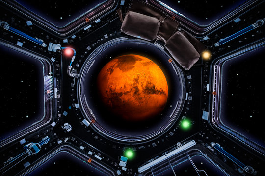 Travel to mars. Planet Mars 3d rendering seen through spaceship windows. Space exploration and mission concept artwork. Artist vision. Some graphic elements furnished by Nasa.