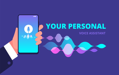 Voice assistant. Sound and music recognition and analytics smartphone app vector concept. Voice sound recognition, technology phone assistant illustration