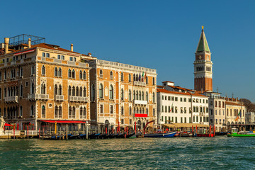 Grand Canal and Bauer Palazzo in Venice, Italy with San Marco campanile