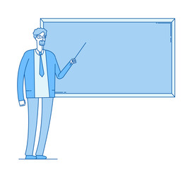 Teacher at blackboard. Young man professor teaching in college university class vector school education line flat concept. Illustration of teacher school at blackboard, university lesson