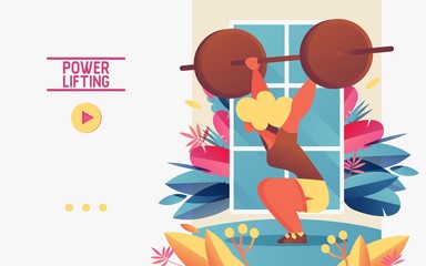Landing page for gym or body-builder lifestyle web page. Vector banner in vivid gradients and greenery with a young woman lifting barbell. Power lifting sport
