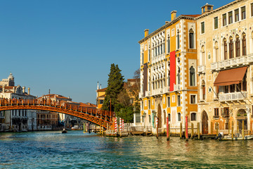 Bridge Ponte dell Accademia in Venice with the view of Grand Canal and Palace called Palazzo Cavalli-Franchetti