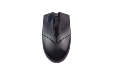 Single black plastic optical computer mouse isolated on white background. Top view