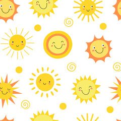 Fototapeta na wymiar Sun seamless pattern. Summer hot weather sunshine heat funny. Doodle sun vector endless texture. Illustration of sunny and sunshine background