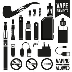 Icons set of vaping elements.vector illustration silhouette