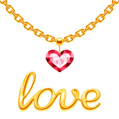 Golden chain with crystall pink heart and gold sign love vector isolated on white background. Illustration of golden chain and red crystal love