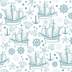 Obraz na płótnie Canvas Vector seamless pattern on the marine-themed. Sailboats.