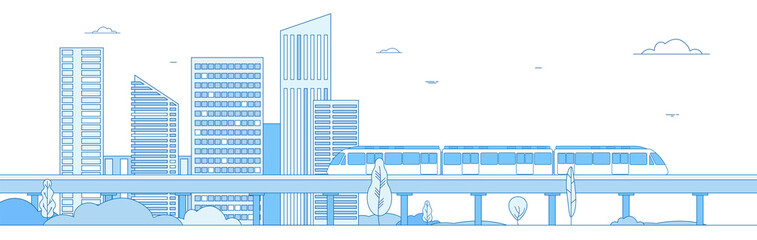 Subway cityscape. Monorail metro train in megapolis futuristic panorama. Underground transportation vector line concept. Express speed, fast train, cityscape building illustration © MicroOne