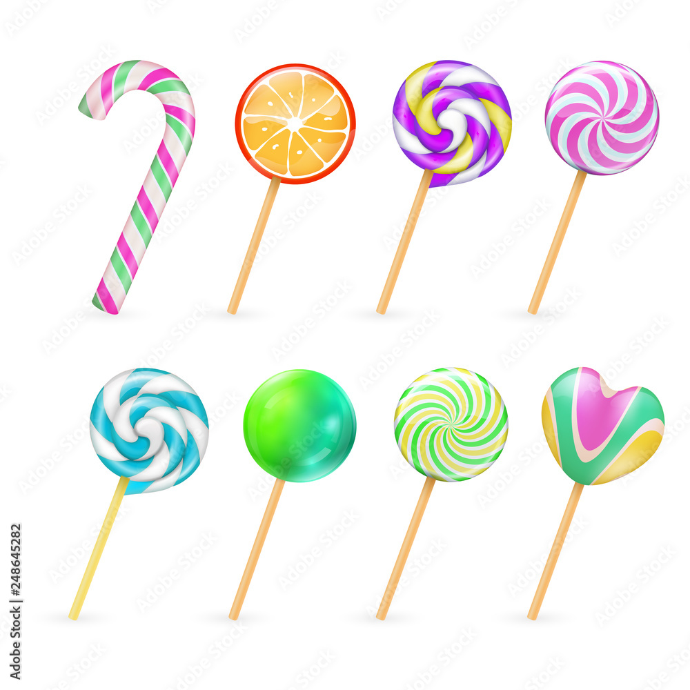 Wall mural Realistic lollipops candies vector isolated on white background. Illustration of lollipop sugar, candy on stick