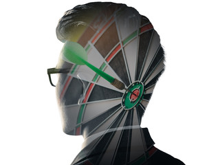 The double exposure image of the businessman standing overlay with dart board image and white copy space. the concept of goal, strategic, planning, management, intelligence and future.