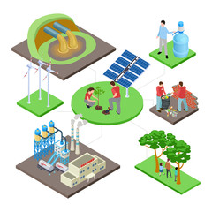 Ecology isometric concept with green technologies, nature revival, water and air pollution vector illustration. Eco energy and ecology, wind power and environment