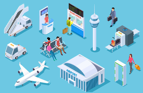 Airport isometric. Passenger luggage, airport terminal. Tower plane passport checkpoint. Business airline travel management vector set. Airport and airplane, luggage and plane illustration