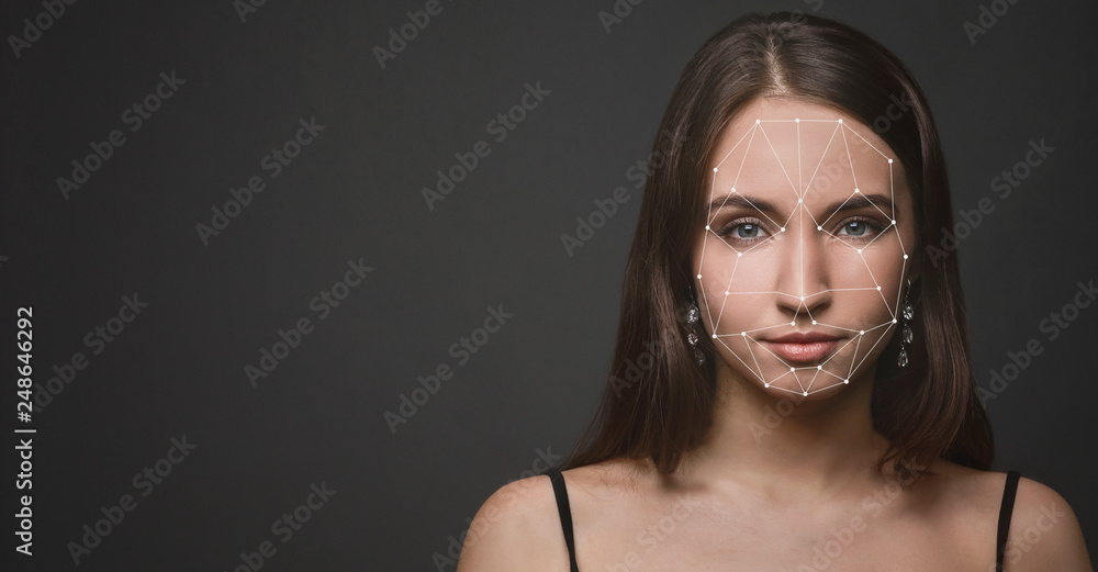 Poster futuristic and technological scanning of face for facial recognition