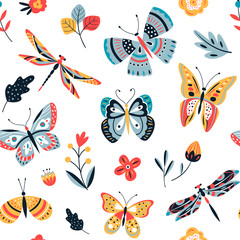 Butterfly pattern. Flying butterflies moths and summer flowers. Seamless fashion trendy fabric texture. Vector wallpaper. Illustration of seamless textile background, pattern summer