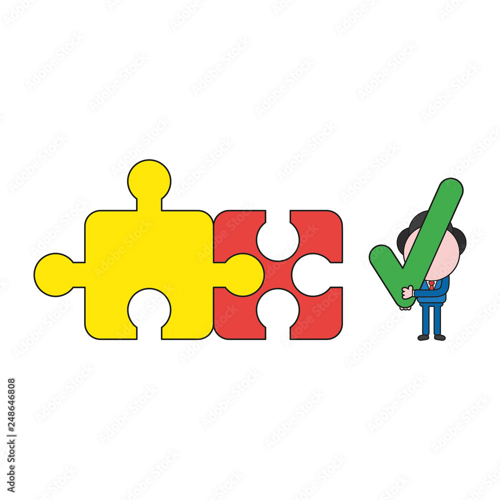 Poster vector businessman character with two connected jigsaw puzzle pieces and holding check mark. color a