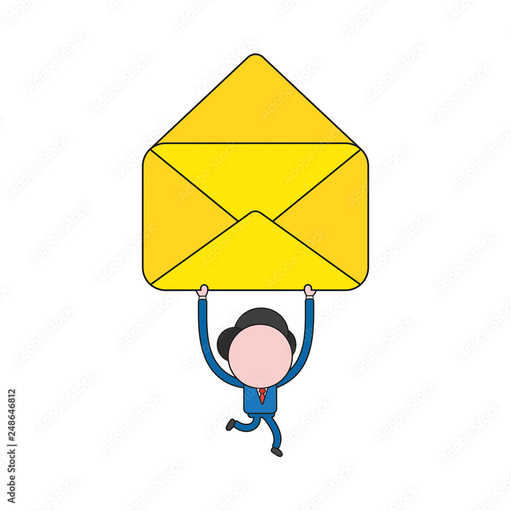 Poster vector businessman character running and carrying empty open mail envelope. color and black outlines
