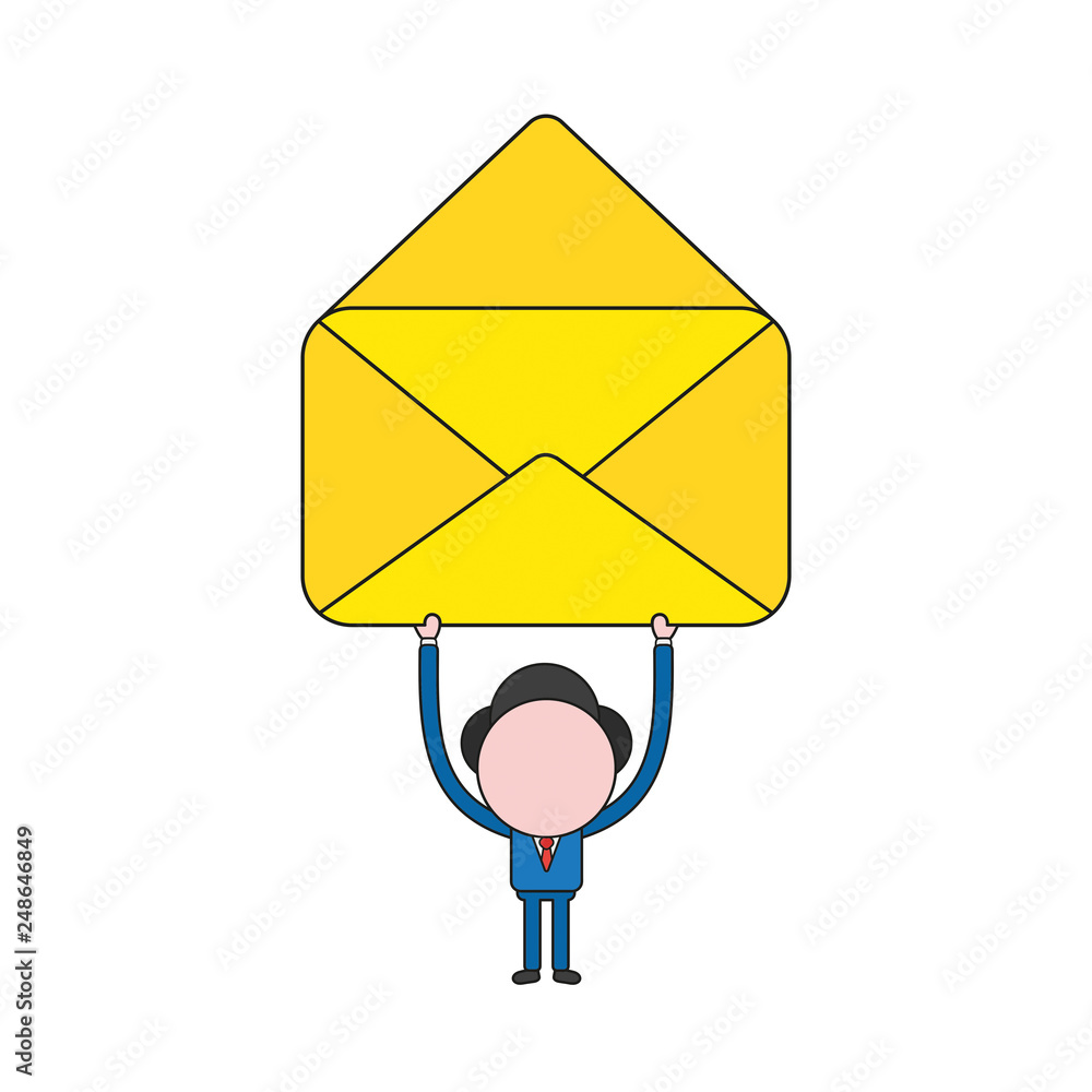Poster vector businessman color and black outlines.character holding up open empty mail envelope.