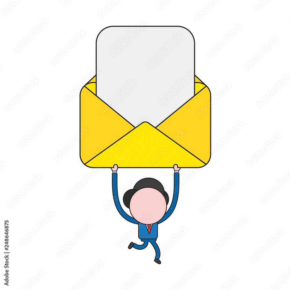 Aufkleber vector businessman character running and carrying open mail envelope with blank paper. color and bla