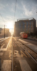 Milan cityscape at sunset. Street view of architecture of Milan