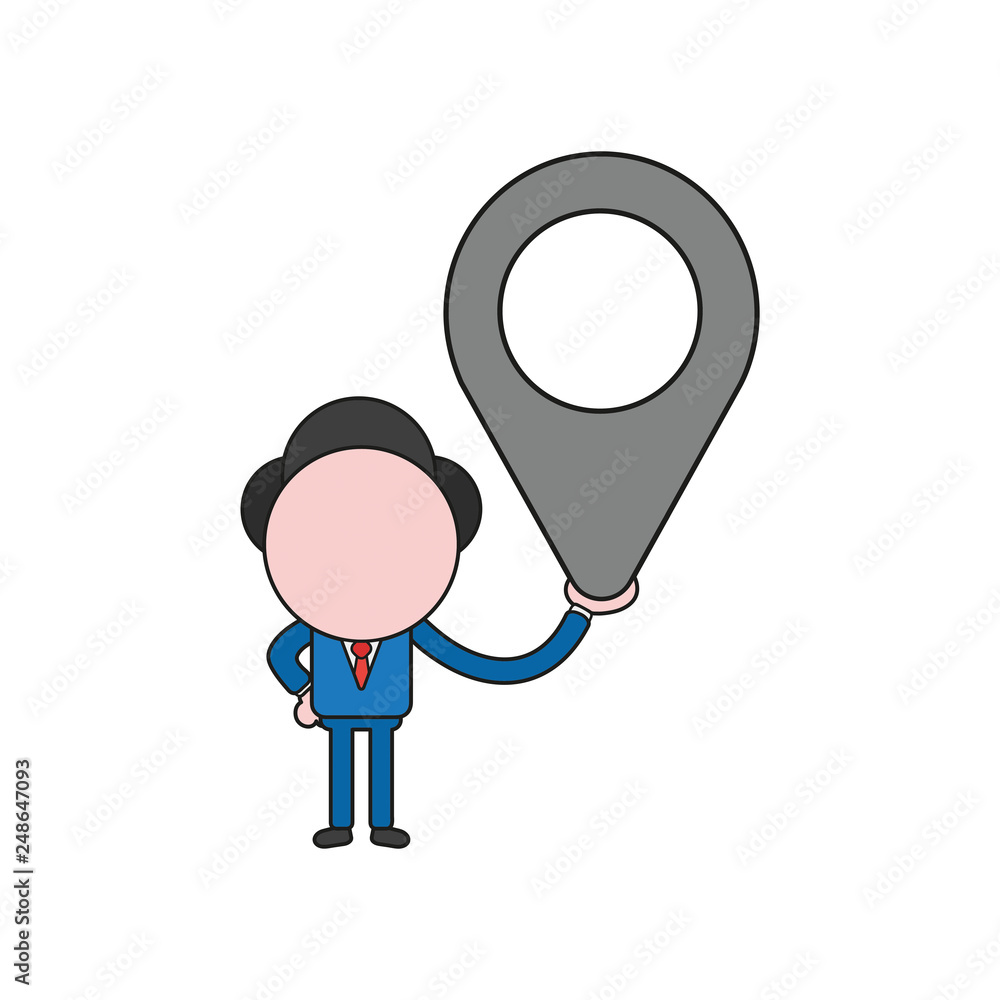 Poster vector businessman character holding map pointer. color and black outlines.
