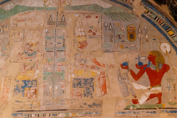 Ancient egyptian painting at the Mortuary Temple of Hatshepsut in Luxor, Egypt
