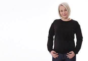 Shirt design and fashion concept. Woman in black sweatshirt, black hoodies, blank isolated on white background