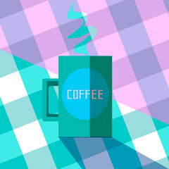 cup of coffee, hot drink on a table. green mug in the kitchen or in coffee house. flat vintage style illustration